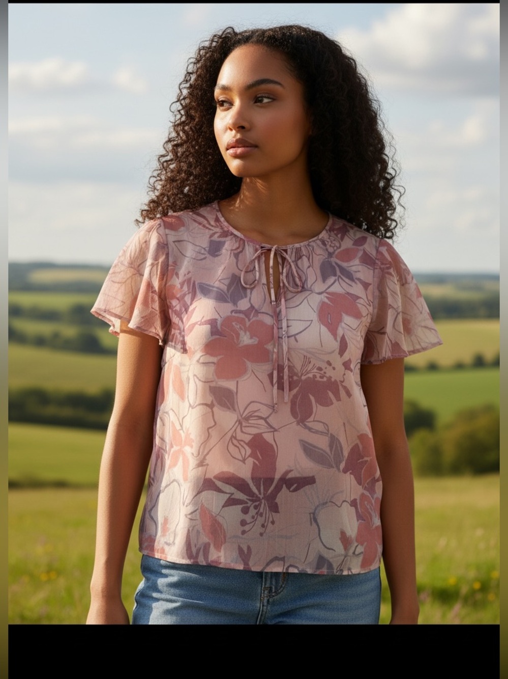 Jacques Vert muted pink floral chiffon short-sleeve blouse/tie-neck-Size 12